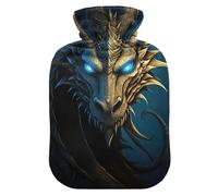 Bouillotte avec housse souple - Chauffe-mains et pieds - Cadeau d'hiver - Dragon - Bleu marine - Noir - Pour compresse chaude et froide - Taille M