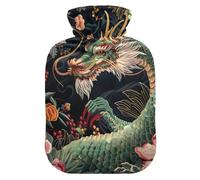 Bouillotte avec housse souple - Chauffe-mains et pieds - Cadeau d'hiver - Dragon vert - Fleur vintage - Pour crampes menstruelles - Taille S