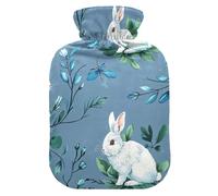 Bouillotte avec housse souple - Chauffe-mains et pieds - Lapin blanc - Fleur bleue - Pour crampes menstruelles - Taille M