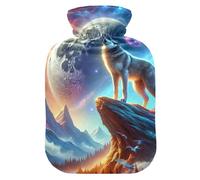 Bouillotte avec housse souple - Chauffe-mains et pieds - Loup hurlant - Galaxie et lune - Pour compresse chaude et froide - Taille S