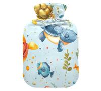 Bouillotte avec housse souple - Chauffe-mains et pieds - Motif tortue de dessin animé - Bleu - Pour compresse chaude et froide - Taille M