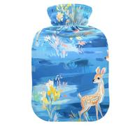 Bouillotte avec housse souple, motif cerf, fleurs bleues, 2 L, pour l'arthrite, l'arthrite