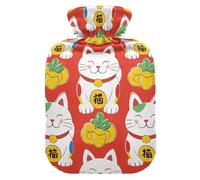 Bouillotte avec housse souple Motif chat porte-bonheur japonais Rouge 2 l