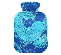 Bouillotte avec housse souple, motif dragon chinois, bleu, sac à eau de 2 L pour muscles endoloris, muscles endoloris