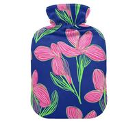 Bouillotte avec housse souple, motif fleurs roses, feuilles vertes, fond bleu roi, 1 l pour thérapies chaudes et froides, soulagement des douleurs au cou et aux épaules, Bolsa de agua Caliente para el