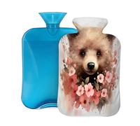 Bouillotte avec housse souple, motif ours marron et fleurs roses, 2 litres pour soulager la douleur, chauffe-mains et pieds