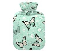 Bouillotte avec housse souple, motif papillons, fleurs, bleu, vert, 2 l