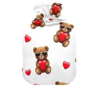 Bouillotte avec housse souple pour les pieds et le lit - Motif ours marron et cœur rouge - Taille M