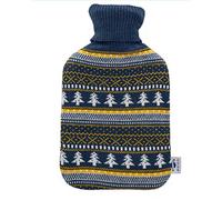 Bouillotte avec housse tricotée axion | Bleu foncé et motif de pin | En caoutchouc naturel | Bouillotte pour thermothérapie | Idée cadeau pour bien s’endormir, bouillotte graine de lin