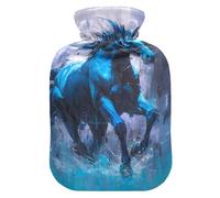 Bouillotte bleu cheval au galop pour eau chaude avec housse souple, sac à eau de 2 L pour soulager les douleurs au cou et aux épaules