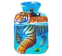 Bouillotte bleue avec housse en velours doux pour soulager la douleur, motif chat tigre, poisson bleu, taille M