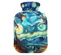 Bouillotte bleue Dragon Wolf avec housse souple pieds et chauffe-lit pour compresse chaude et froide