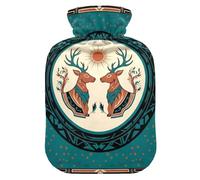 Bouillotte bohème motif cerf bleu sarcelle avec housse en velours doux pour compresse chaude et froide petite taille
