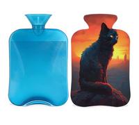 Bouillotte chat noir coucher de soleil avec housse, sac d'eau chaude de 2 L pour soulager la douleur, cou et épaules, chauffe-mains et pieds
