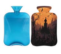 Bouillotte château d'Halloween avec housse, chauve-souris arbre lune 2 L pour soulager la douleur, cou doux et épaules, chauffe-mains et pieds, compresse chaude et froide pour adultes et enfants