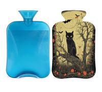 Bouillotte chauve-souris avec housse pour Halloween, lune arbres, sac d'eau chaude de 2 L pour soulager la douleur, cou doux et épaules, chauffe-mains et pieds, compresse chaude et froide pour adultes