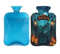 Bouillotte citrouille château d'Halloween avec housse, chauve-souris lune, 2 L, sac d'eau chaude pour soulager la douleur, cou doux et épaules, chauffe-mains et pieds, compression chaude et froide