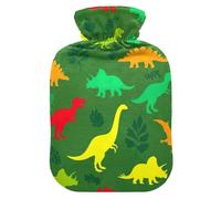 Bouillotte colorée en forme de dinosaure vert avec housse souple pour les pieds et compresses chaudes et froides. Taille M
