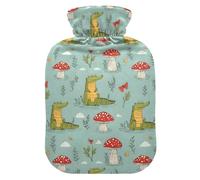 Bouillotte de 1 L avec housse chaude en peluche douce, champignon alligator, bouchon à vis anti-fuite idéal pour les sports d'hiver en plein air, dos, cou et jambes, douleurs musculaires froides et