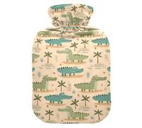 Bouillotte de 1 L avec housse chaude en peluche douce, feuille de palmier en forme d'alligator, bouchon à vis anti-fuite, idéal pour les sports d'hiver en plein air, le dos, le cou et les jambes, les