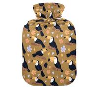 Bouillotte de 1 L avec housse chaude en peluche douce, motif toucan floral, bouchon à vis anti-fuite, idéal pour les sports d'hiver en plein air, le dos, le cou et les jambes, douleurs musculaires