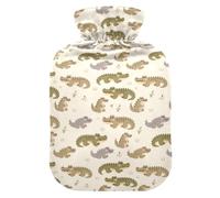 Bouillotte de 1 L avec housse chauffante en peluche douce en forme d'alligator, bouchon à vis anti-fuite, idéal pour les sports d'hiver en plein air, le dos, le cou et les jambes, douleurs musculaires