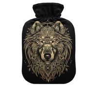 Bouillotte de 2 L avec housse en peluche douce motif loup boho, bouchon à vis anti-fuite, idéal pour les sports d'hiver en plein air, dos, cou et jambes, douleurs musculaires froides et crampes
