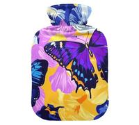 Bouillotte de couleur vive avec housse souple, motif papillons et fleurs, 2 l