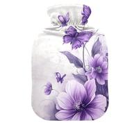 Bouillotte de printemps avec housse souple, 2 l pour soulager la douleur, fleurs violettes, papillons et fleurs