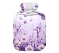 Bouillotte de printemps avec housse souple - Motif fleurs et papillons - 2 l - Pour chauffe-cou et épaules - Violet