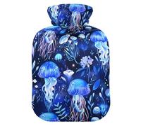 Bouillotte de voyage avec housse souple, motif méduse, fleurs marines, bleu électrique, sac d'eau chaude de 2 L pour soulager les crampes menstruelles, le cou et les épaules, bolsa de calor para Dolor
