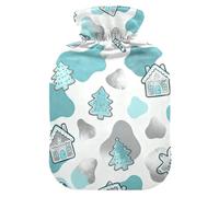 Bouillotte de voyage de Noël avec housse souple et motif fourrure de vache turquoise et blanche, 2 l pour thérapies chaudes et froides, crampes menstruelles