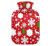 Bouillotte de voyage rouge avec housse souple, 2 L, motif flocon de neige, cerf et flocon de neige