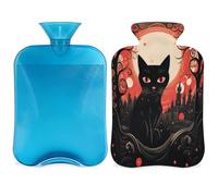 Bouillotte d'Halloween chat avec housse, château d'arbres lune, sac d'eau chaude de 2 L pour soulager la douleur, cou doux et épaules, chauffe-mains et pieds, compression chaude et froide pour adultes