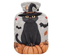 Bouillotte d'Halloween chat noir avec housse souple, sac à compression chaude de 2 L pour soulager les douleurs au cou et aux épaules
