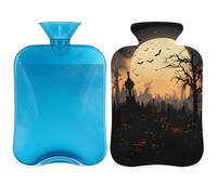 Bouillotte d'Halloween chauve-souris avec housse, motif lune arbres 2 L, sac d'eau chaude pour soulager la douleur, cou doux et épaules, chauffe-mains et pieds, compresse chaude et froide pour adultes