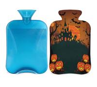 Bouillotte d'Halloween citrouille château de lune avec housse, sac d'eau chaude de 2 L pour soulager la douleur, cou doux et épaules, chauffe-mains et pieds, compression chaude et froide pour adultes