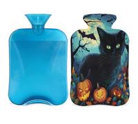 Bouillotte d'Halloween en forme de chat noir avec housse, chauve-souris, citrouille, sac d'eau chaude de 2 L pour soulager la douleur, cou doux et épaules, chauffe-mains et pieds, compresse chaude et