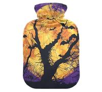 Bouillotte d'Halloween orange et jaune lune et chauve-souris avec housse souple, bouteille d'eau chaude de 2 L pour lit pour crampes menstruelles, soulagement des douleurs au cou et aux épaules