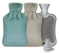 Bouillotte eau Chaude, ilauke 2L Bouillotte Ceinture Housse Peluche, Bouillotte en Caoutchouc Naturel Anti-fuite pour Chaleur et Soulagement de Douleur, Bouillotte Enfant en Hiver (Brun+Vert)