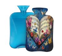 Bouillotte en caoutchouc avec housse souple, livre de Saint-Valentin, cœur, fleurs et papillons rétro, 2 L, pour soulager la douleur, thérapie par le chaud et le froid