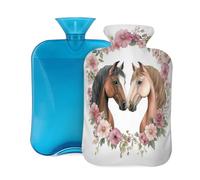 Bouillotte en caoutchouc avec housse souple, motif couple de chevaux et fleurs, sac d'eau chaude de 2 L pour soulager la douleur, thérapie par le chaud et le froid