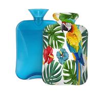 Bouillotte en caoutchouc avec housse souple, oiseau tropical, perroquet, jungle, plante botanique, hibiscus, palmier 2 L, pour soulager la douleur, thérapie par le chaud et le froid