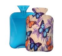 Bouillotte en caoutchouc avec housse souple, style bohème, motif papillon, bleu, orange, 2 L, pour soulager la douleur, thérapie par le chaud et le froid