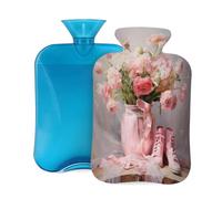 Bouillotte en caoutchouc avec housse souple, texture gaze douce, fleurs roses et chaussures de danse, sac d'eau chaude de 2 L pour soulager la douleur, thérapie par le chaud et le froid