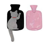 Bouillotte en caoutchouc de 1 litre avec adorable chat gris - Housse en polaire douce sur le thème - Parfaite pour la thérapie par le chaud/froid et le soulagement de la douleur des crampes