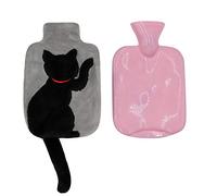 Bouillotte en caoutchouc de 1 litre avec housse en peluche chat noir pour thérapie chaud/froid, soulagement des crampes et de la douleur, design anti-fuite