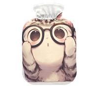 Bouillotte en forme de chat mignon avec lunettes avec housse souple, compresse chaude de 2 L pour muscles endoloris, muscles endoloris, muscles endoloris