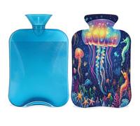 Bouillotte en forme de méduse fluo avec housse, motif poissons tropicaux de l'océan 2 L, sac d'eau chaude pour soulager la douleur, cou doux et épaule, chauffe-mains et pieds, compresse chaude et