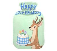 Bouillotte Happy Birthday avec housse souple, motif cerf vert, 2 L, pour chauffe-mains et pieds